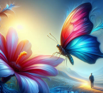 A colorful butterfly rests on a flower petal, symbolizing resilience and beauty in nature. In the background, a figure observes with wonder, capturing the transformative essence of The Butterfly Encounter narrative.