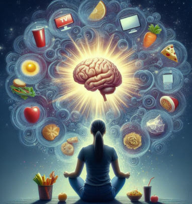 Person surrounded by symbols of harmful habits like TV screens, junk food, and stress, with a radiant brain above. Text reads: Guard Your Mind: Unveiling 10 Habits That Harm Your Brain.
