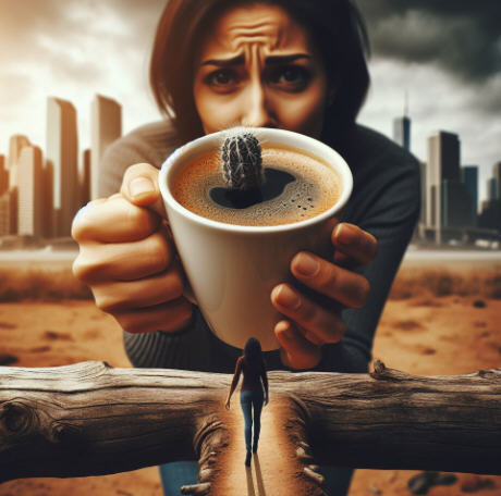Person holding a cup of bitter coffee, symbolizing life's challenges and embracing obstacles on the journey forward