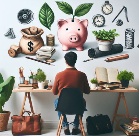 Person at a desk with piggy bank, repaired item, and herb plant pot, illustrating frugal money management lessons learned from parents.